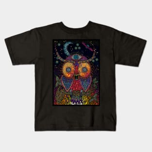 PSYCHEDELIC TRIPPY HORROR VACUI OWL ON BRANCH - full colour Kids T-Shirt